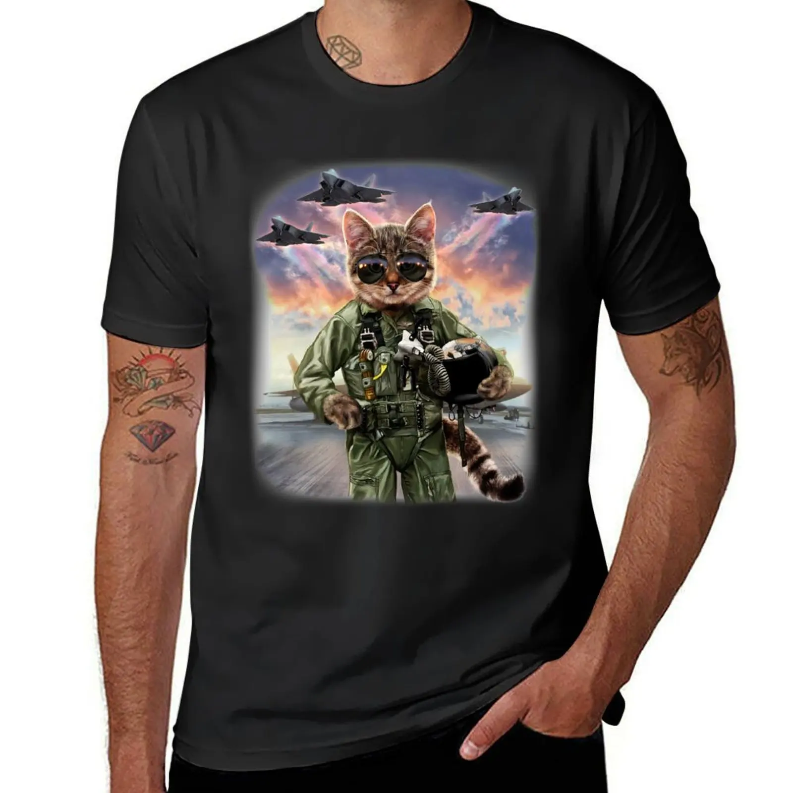 

Cat as Air Force Jet Fighter Pilot T-Shirt customizeds sports fans aesthetic clothes kawaii clothes men graphic t shirts