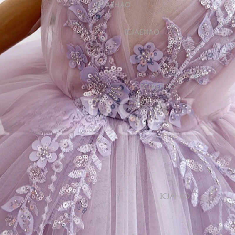 

Детское фиолетовое платье принцессы 2026 для вечеринок, торжественных мероприятий и конкурсов красоты, костюм-платье для девочек, милое, с аппликацией, на первый день рождения малышки