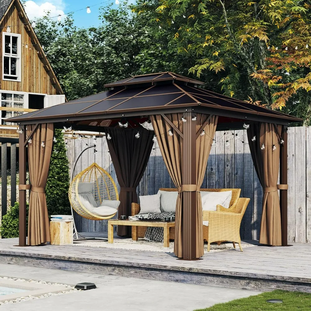 

Outdoor Hardtop Gazebo, Aluminum Frame Permanent Pavilion with Curtains and Netting, Double Roof Canopy,for Gardens,Patios,Lawns