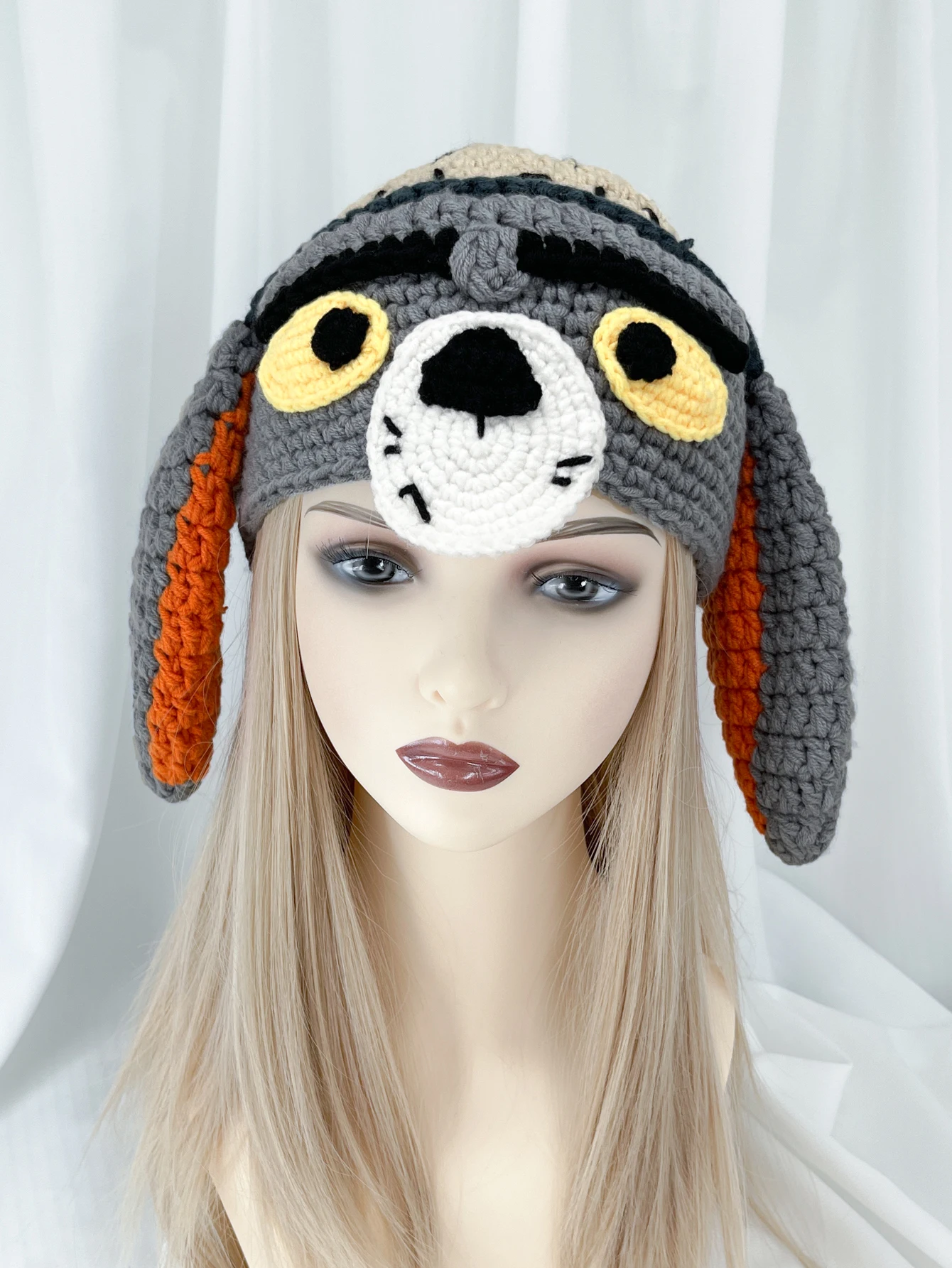 Ins Funny Hand Crochet Tom Cat Beanies for Women Balaclava Spoof  Skullies Cap To Men Winter Knitting Hat