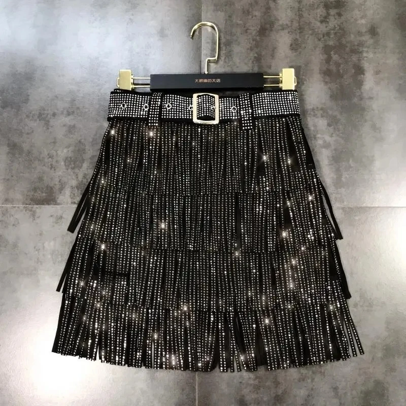 Rhinestones Multi-layer Tassel Belted Mini Skirt Casual Skirt For Spring& Summer Women\'s Clothing