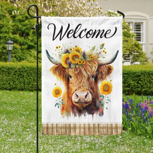 Highland Cow Flag Highland Cattle Sunflowers Welcome Garden Flag