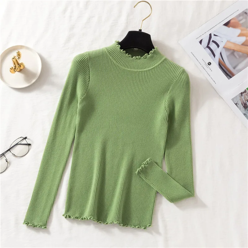 Camicia lavorata a maglia elastica skinny con collo a lupetto primavera autunno Pullover da donna Top Camicie con fondo in maglia sottile a maniche lunghe da donna