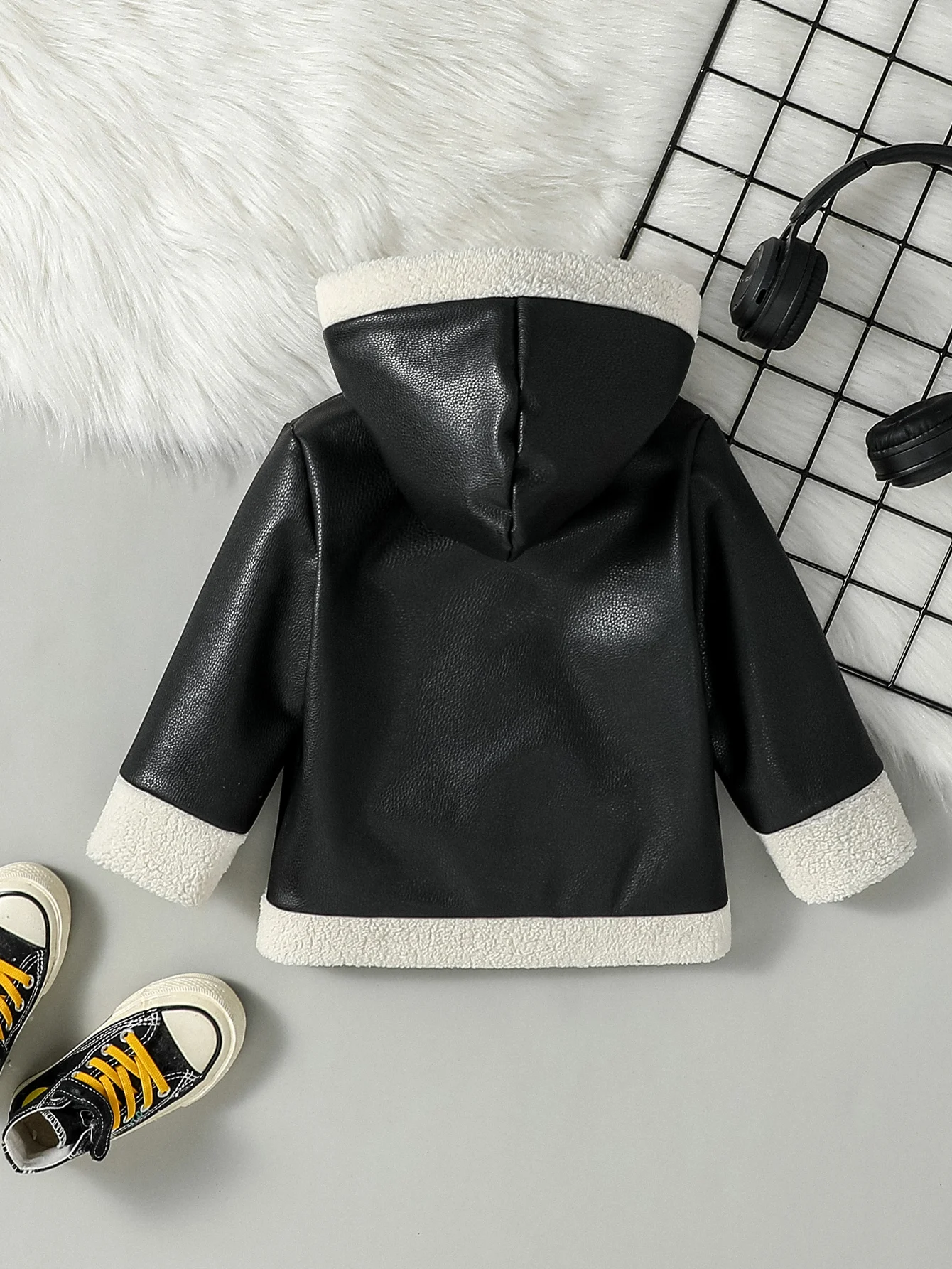 Baby Boys Winter 2024 New Style Open Stitch Hoodie Leather Jacket Plush With Pocket  For 9M-4Y Kids Outdoor Wear