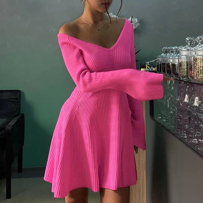 

OMSJ Sexy V Neck Knitted High Waist Long Sleeved Solid Rib Bottoming Women A-line Mini Ruffles Dresses Stylish Casual Streetwear