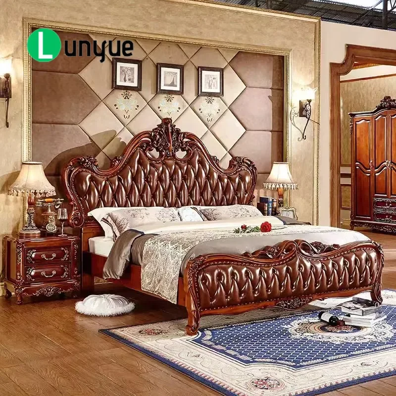 Luxury European Style Solid Wood Frame Leather Upholstered Bed Queen King Size Durable Bedroom Furniture