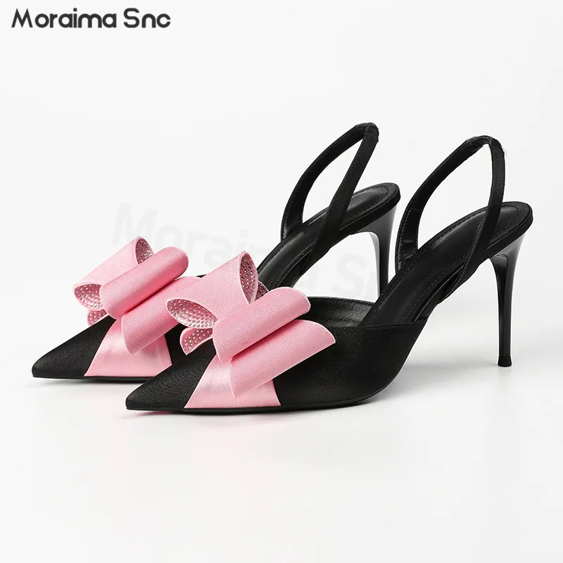 

Pink Double-Layer Bow High Heels Pointed Toe Stilettos Fashionable Party Shoes Temperament Black Back Strap Women's Shoes