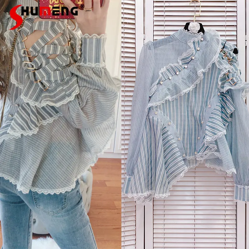 

Fashion Irregular Lace Ruffled Stitching Blouse Sexy Strapless Long Sleeve Shirt Spring Summer Women's Elegant Striped Tops