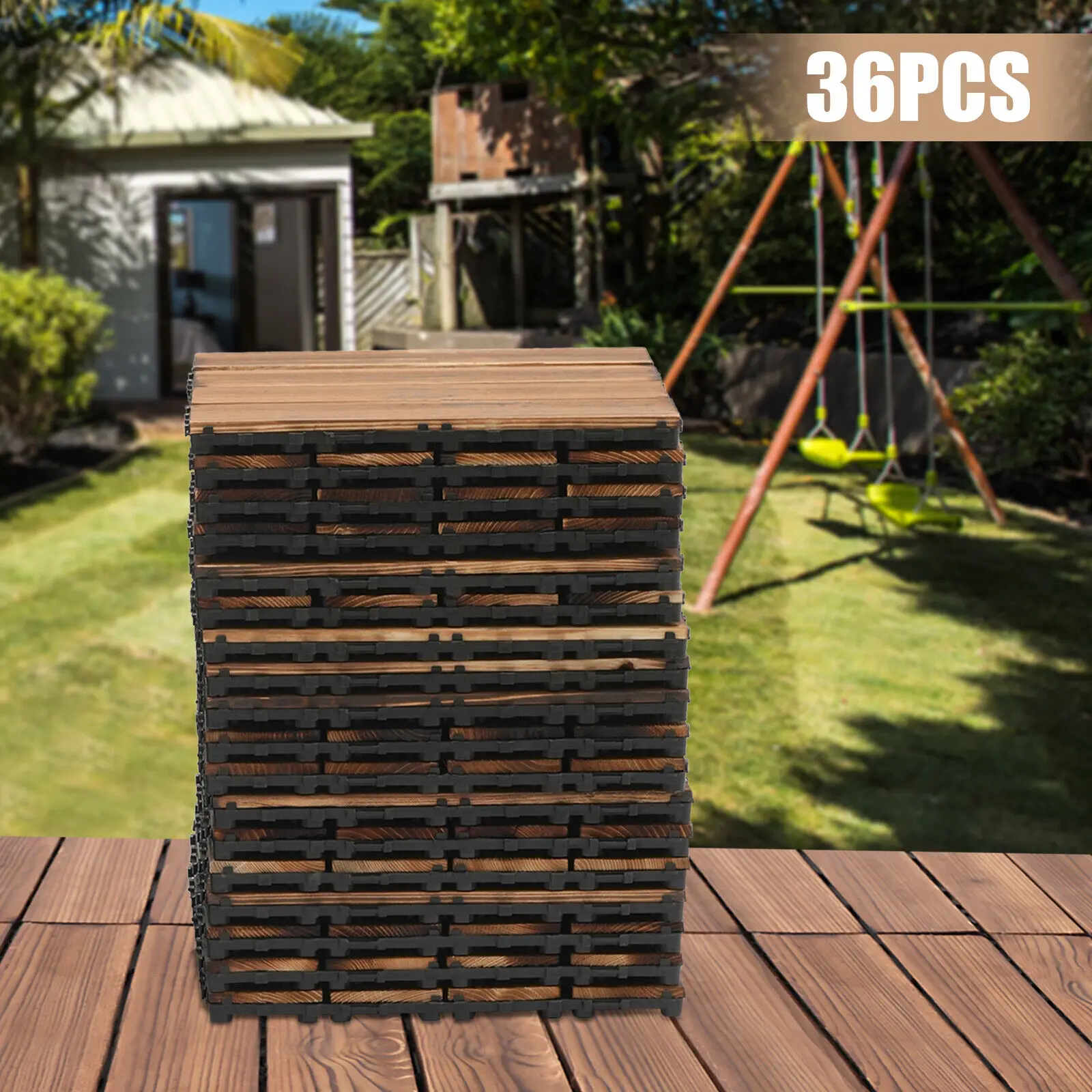 Hardwood Interlocking Patio Deck Tiles Wood Flooring DIY Outdoor 12''x12'' 36Pcs