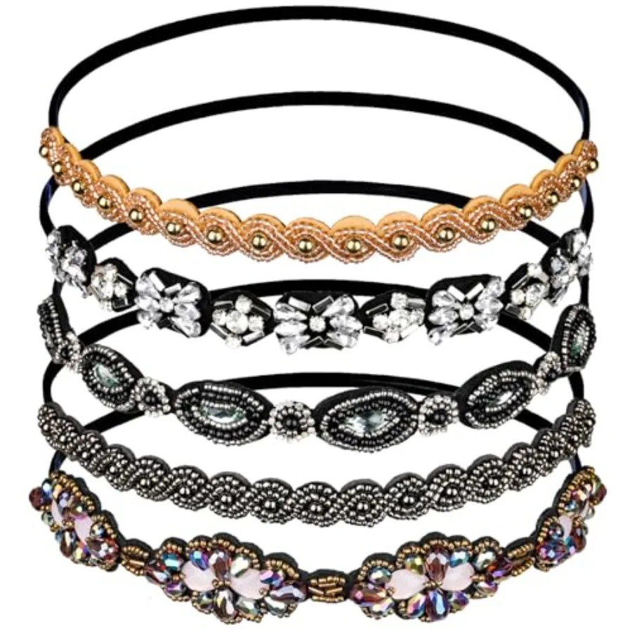 

5pcs Elastic Beaded Headbands, Jewels Hairbands Hat Bands, Crystal Rhinestone Headband for Women Girls