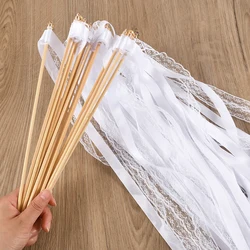 20/50Pcs White Ribbon Wands with Bells Wedding Favors Lace Streamers Fairy Stick Guest Cheering Props Birthday Party Decoration