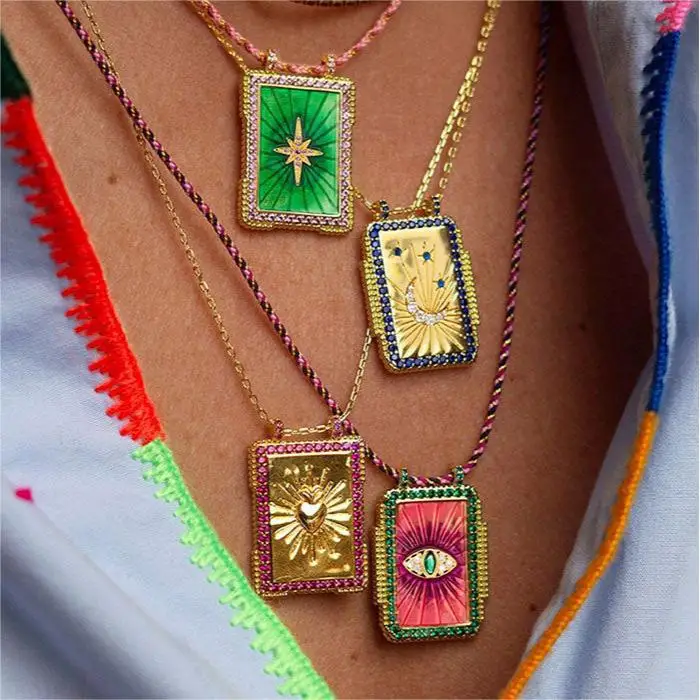 2024 Classic  Bohemian Colorful Design Enamel Oil Drop Tarot Cards  Hope Love Eye Sun Moon Charms Necklace Gold Plated Jewelry