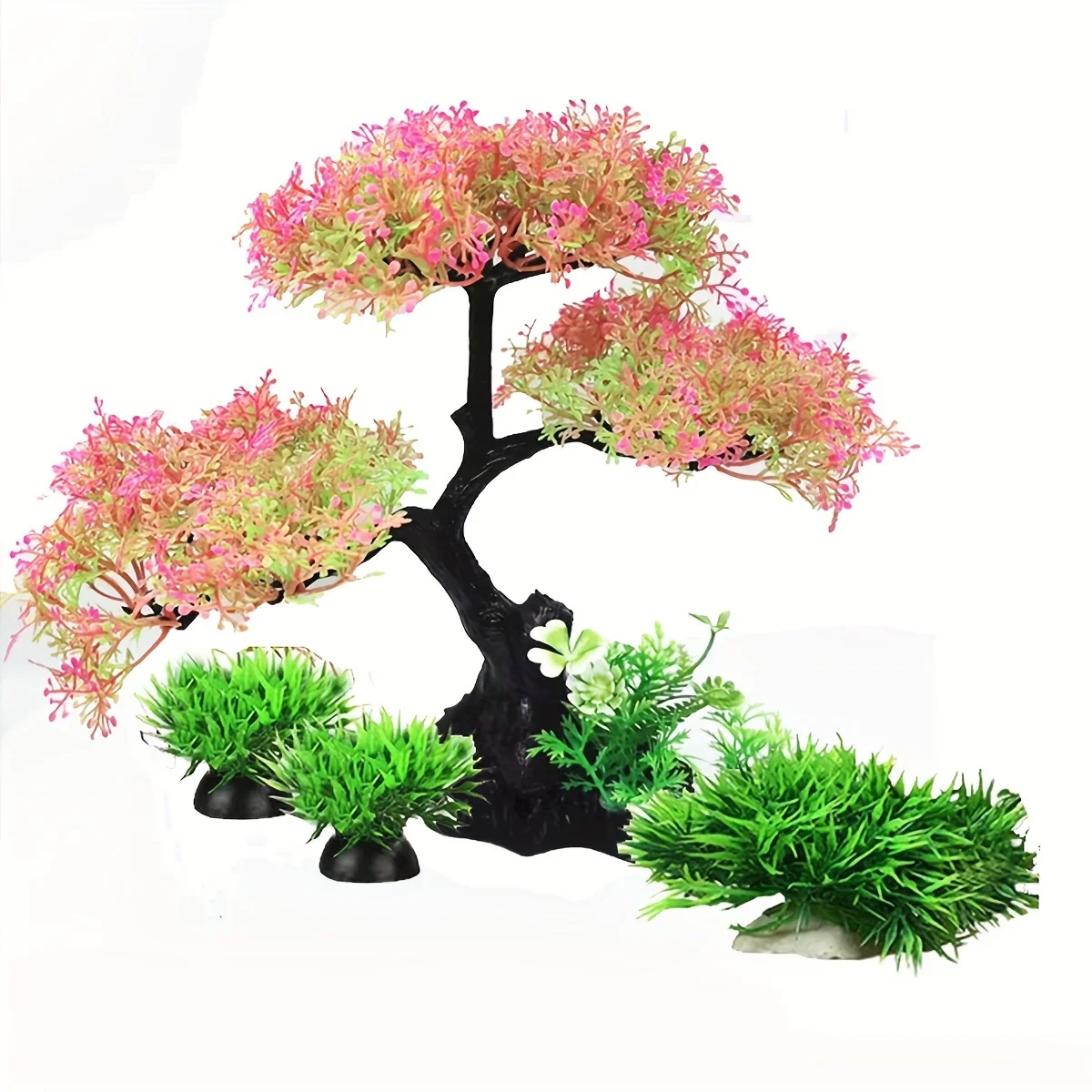 Aquarium Artificial Plastic Plants Decoration, Pink Cherry Blossom Tree & Grass Aquarium Decor Set, For Goldfish Betta Fish Tank