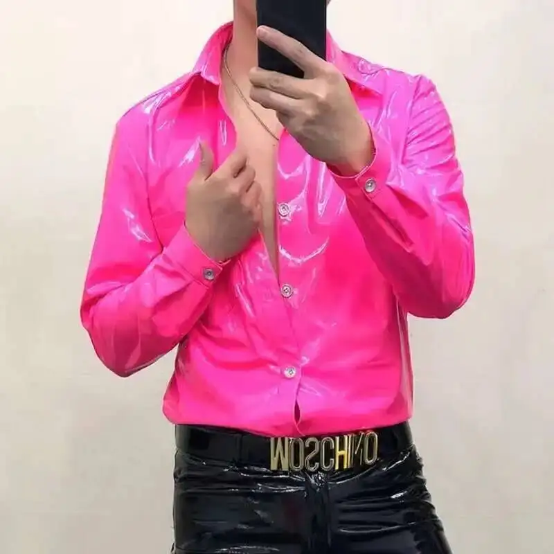 

15 Colors 2023 Mirror Reflective ShinnyLeather Shirt Men's Slim Fit Shirt Night Club Performance Dress PU Leather Strechy Shirt