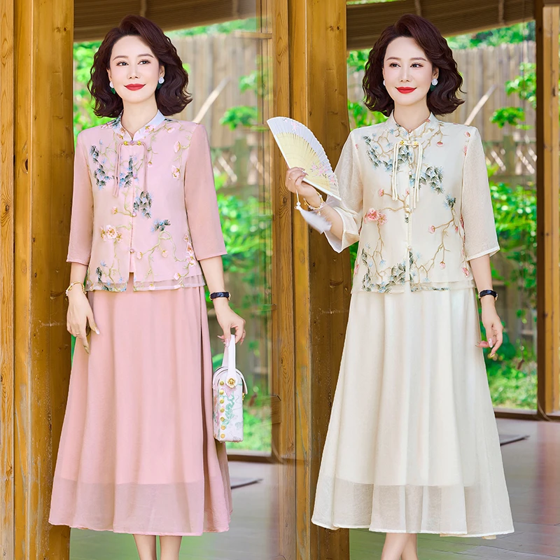 Summer Short Sleeve Embroidery Asian style Casual Dress Fashion Bodycon Prom Dress Women Floral Two Piece Midi Dress