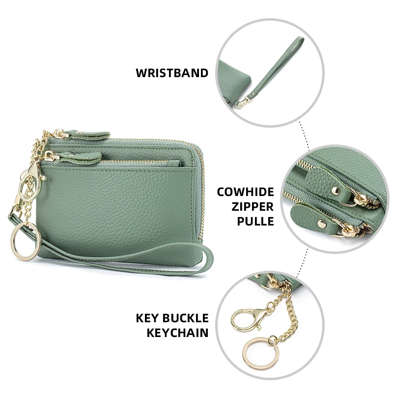 Genuine Leather Women Coin Zipper Pocket Mini RFID Blocking Wallet with cash Card Slots Zipper Around Wristlet Keychain