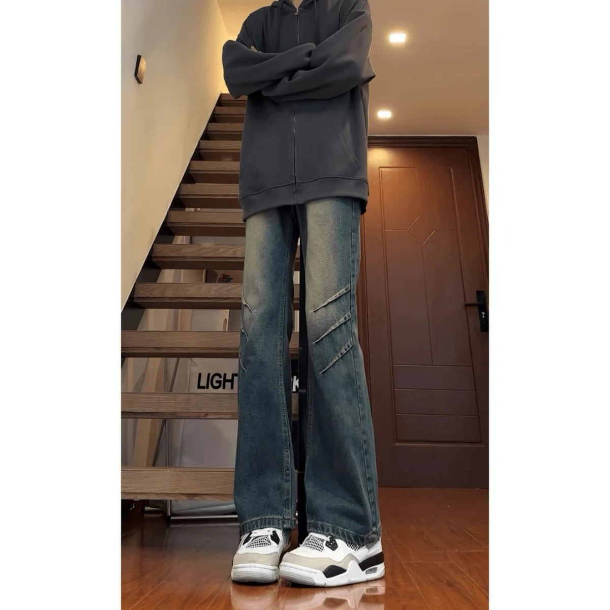 

American Retro Washed Denim Jeans High Waist Men's Micro Flared Crease Straight Leg Jeans Casual Wear All Seasons