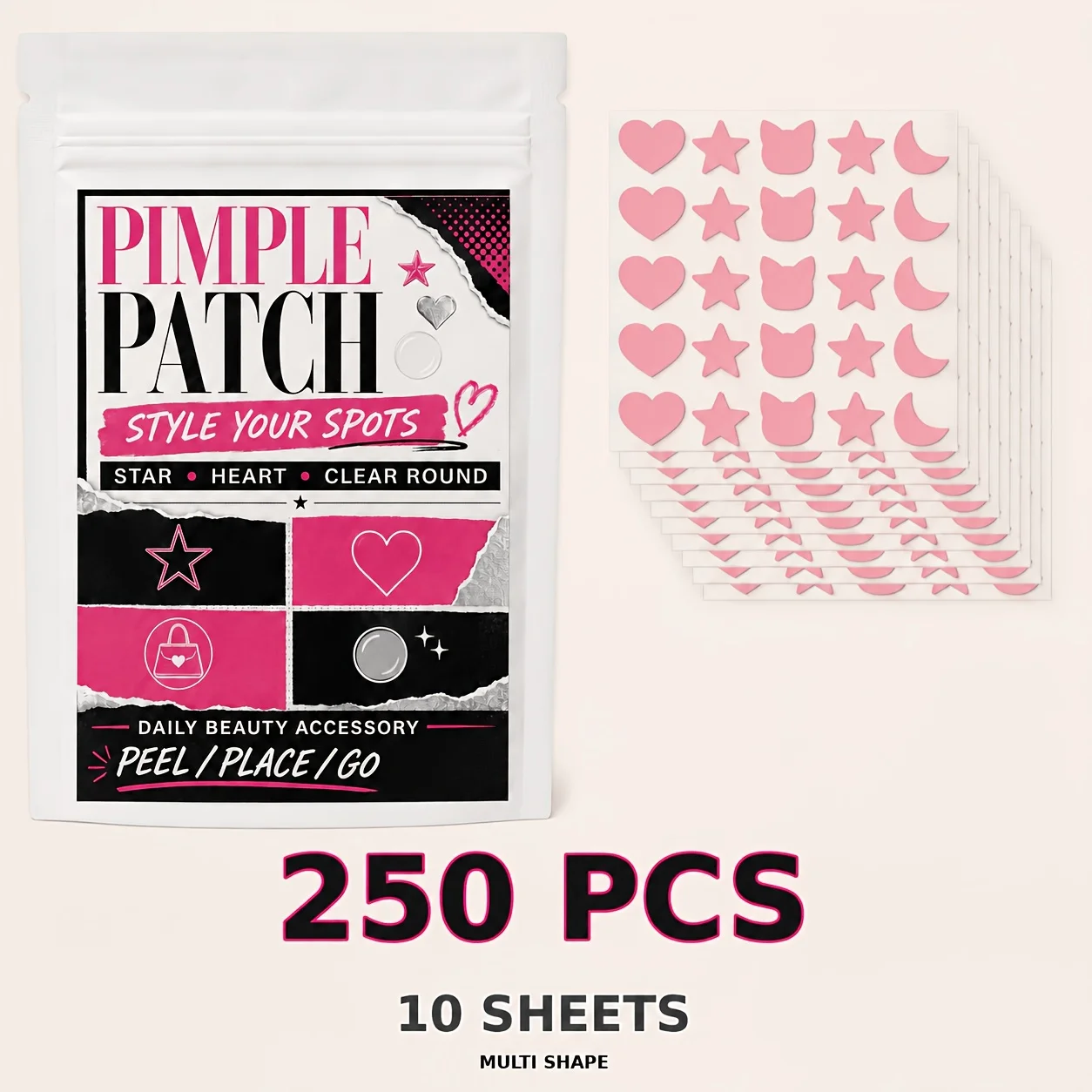 250PCS Pink Hydrocolloid Pimple Patches, 10 Sheets Face Cover Stickers, Cute Facial Care Patches for Daily Skin Care Use