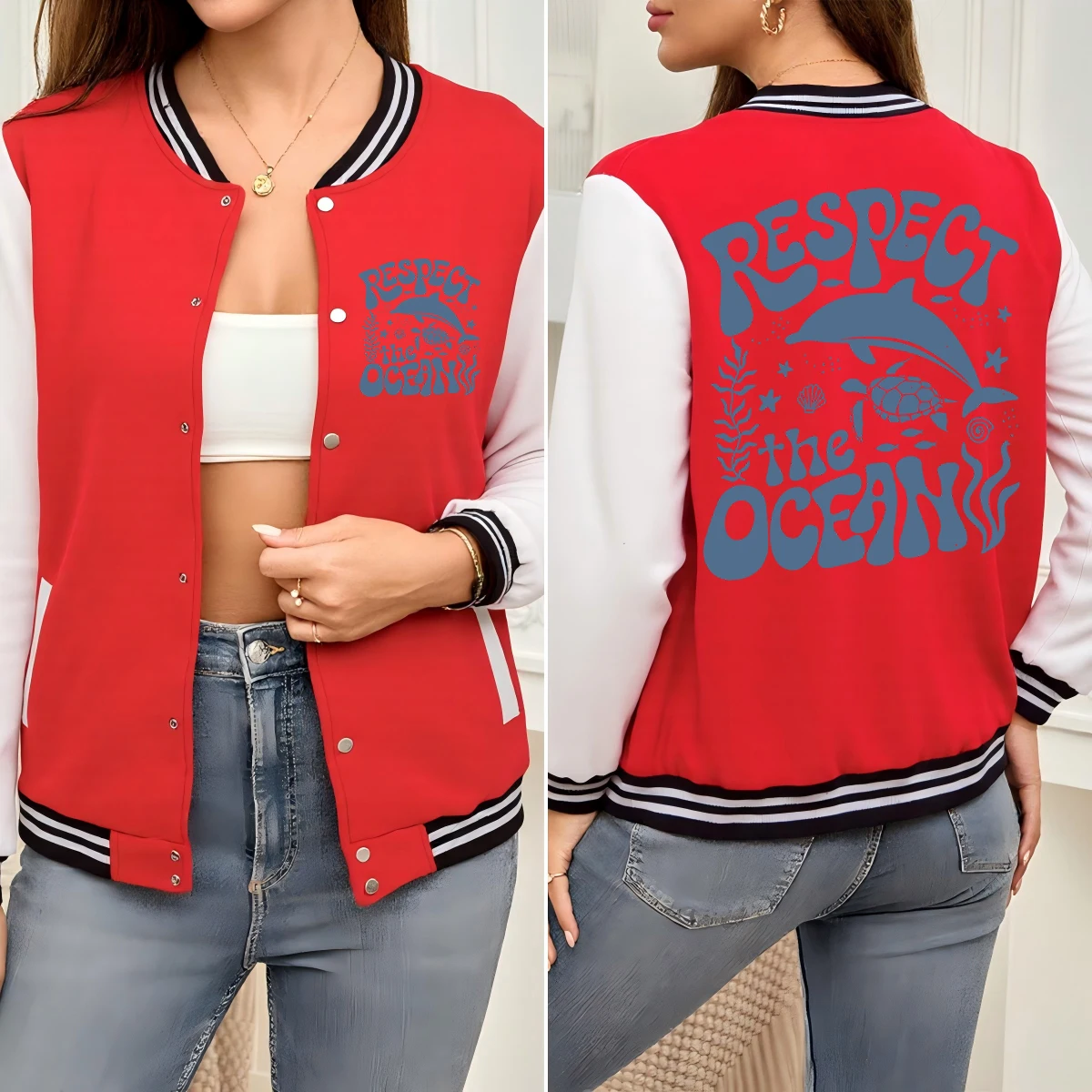 

We Should Protect Marine Life Printed Baseball Uniform Women Hip Hop Cotton Jacket Pocket Loose Clothes Colorful Sportswear