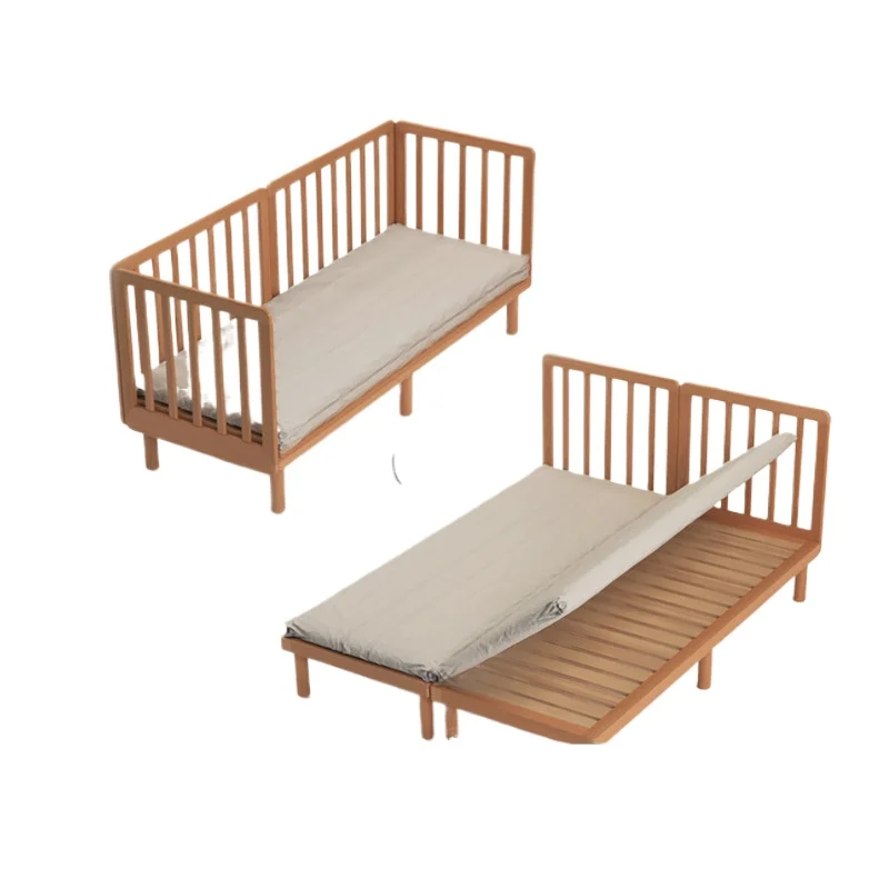 

Children's splicing bed with guardrail crib Baby solid wood company, retractable