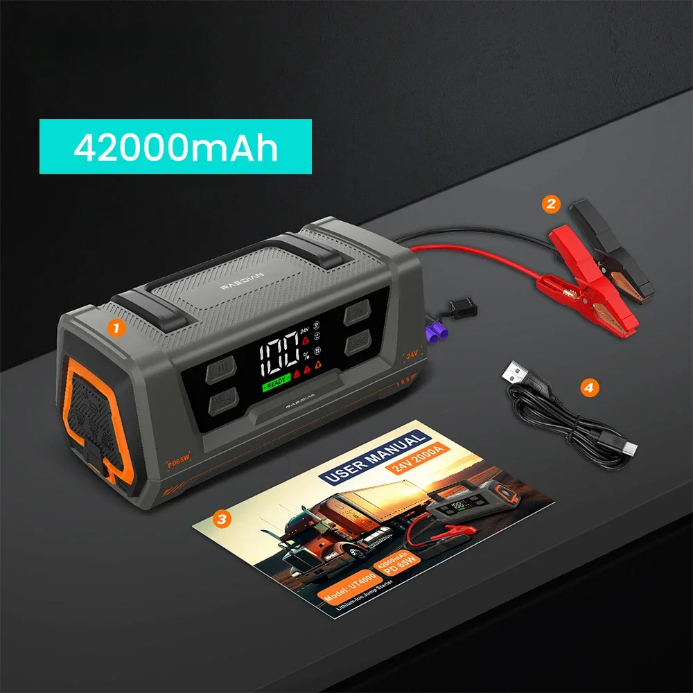 12V 24V Jump Starter 2000A Multi-Function Portable Lithium Battery Car Jump Starter ,24v Car Truck Jumper