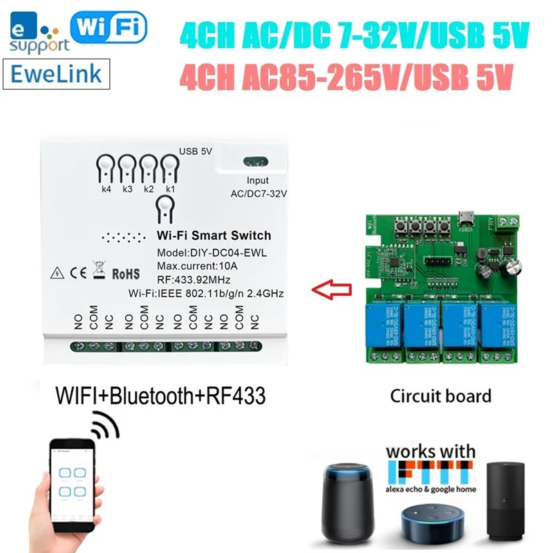 

4CH Ewelink Wi-Fi Smart Switch RF433 7-32V 2.4G Wi-Fi Smartlife Модуль домашней автоматизации для IFTT Alexa Google Home Простота в использовании