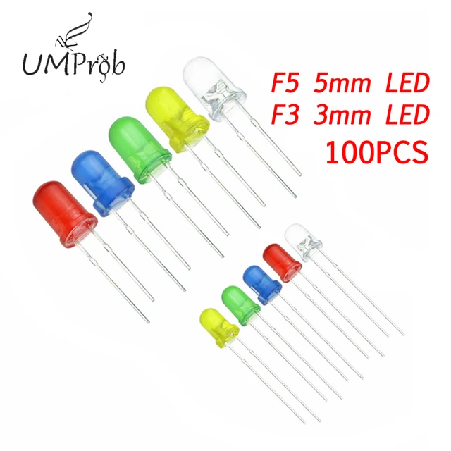 100 SZTUK/lot 3mm 5mm F3 F5 Okrągła dioda LED Ultra Bright White Green Yellow Blue White Red Light Emitting Diode For Diy Kit