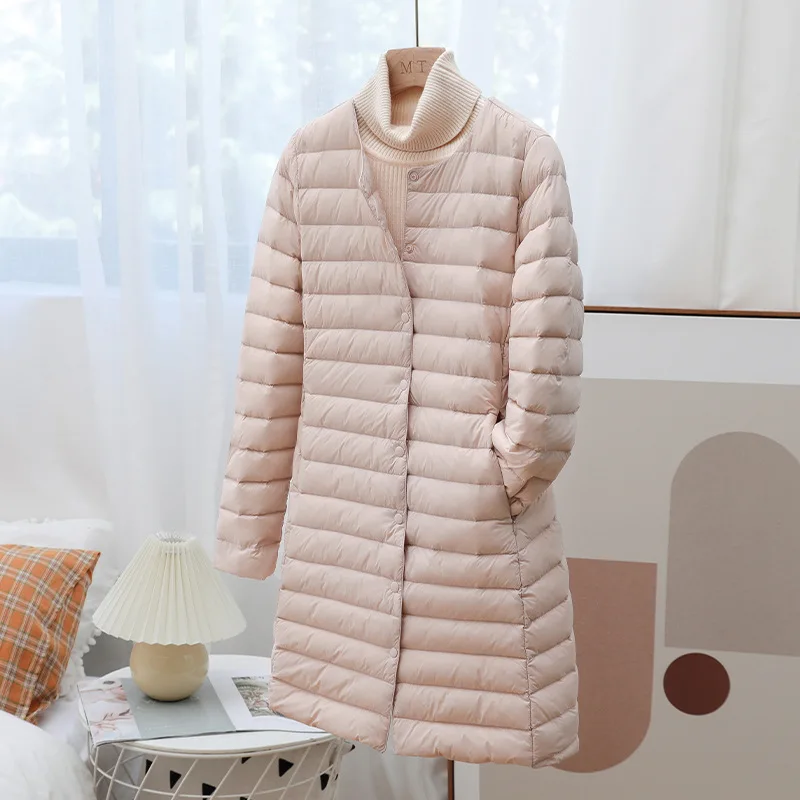 Piumino da donna leggero in piumino d'anatra lungo girocollo moda cappotto invernale caldo outfit casual abbigliamento donna chaqueta plumas JK-247