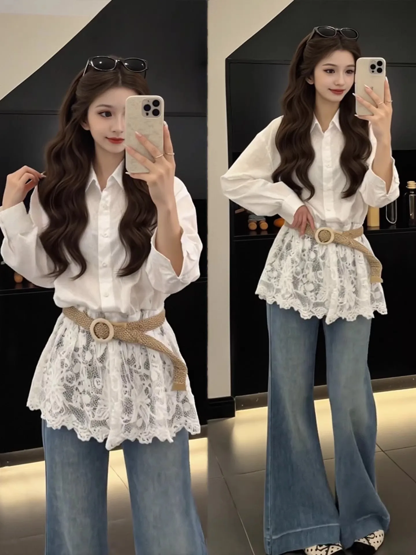 Large Size Lace Shirt Top And Wide Leg Jeans Denim Set Women's Fashion Autumn Collection High Waist Pure Color Korean Style