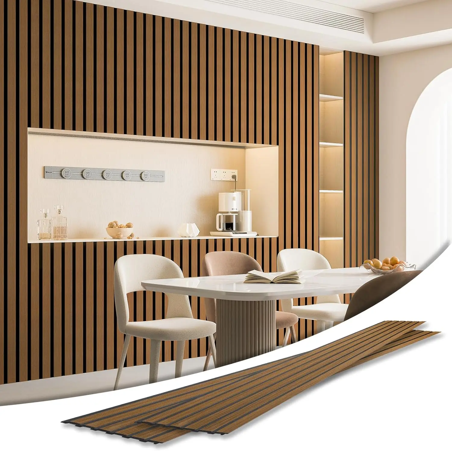 

4-Pack Glue-On Wainscoting Panels for Interior Wall Decor - 104x12 Inch Slim Slat Wall Panels for Living Room Bedroom, Rosewood