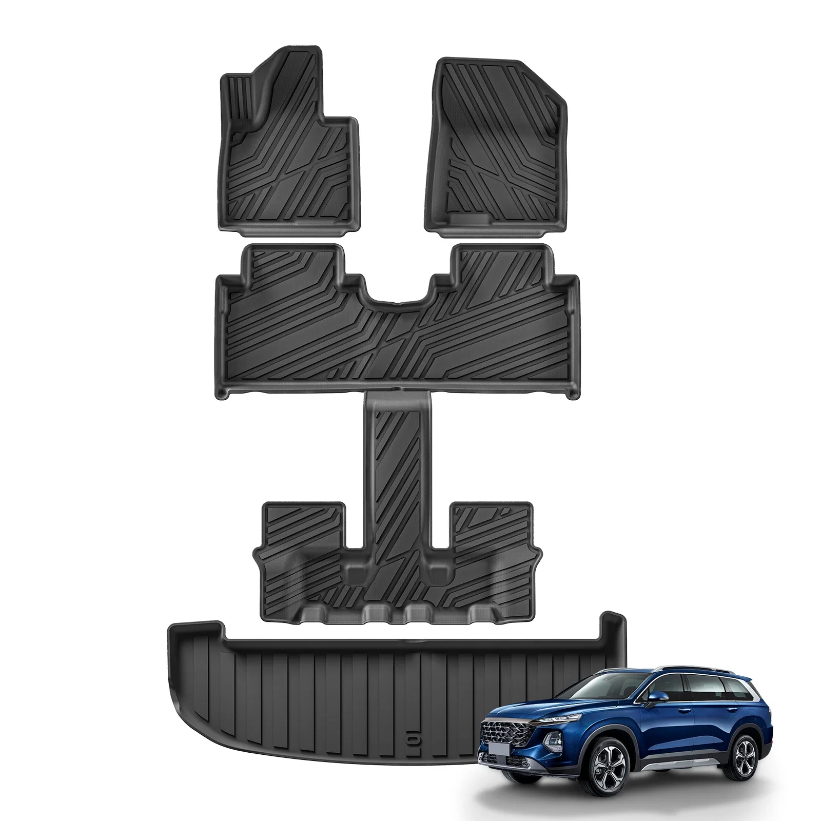 لشركة هيونداي سانتا في (غير هجين) 7 مقاعد 2021 - 2023 TPE ثلاثية الأبعاد الحصير سيارة بطانة البضائع وسادة صندوق السيارة الدفة اليسرى الأسود #6