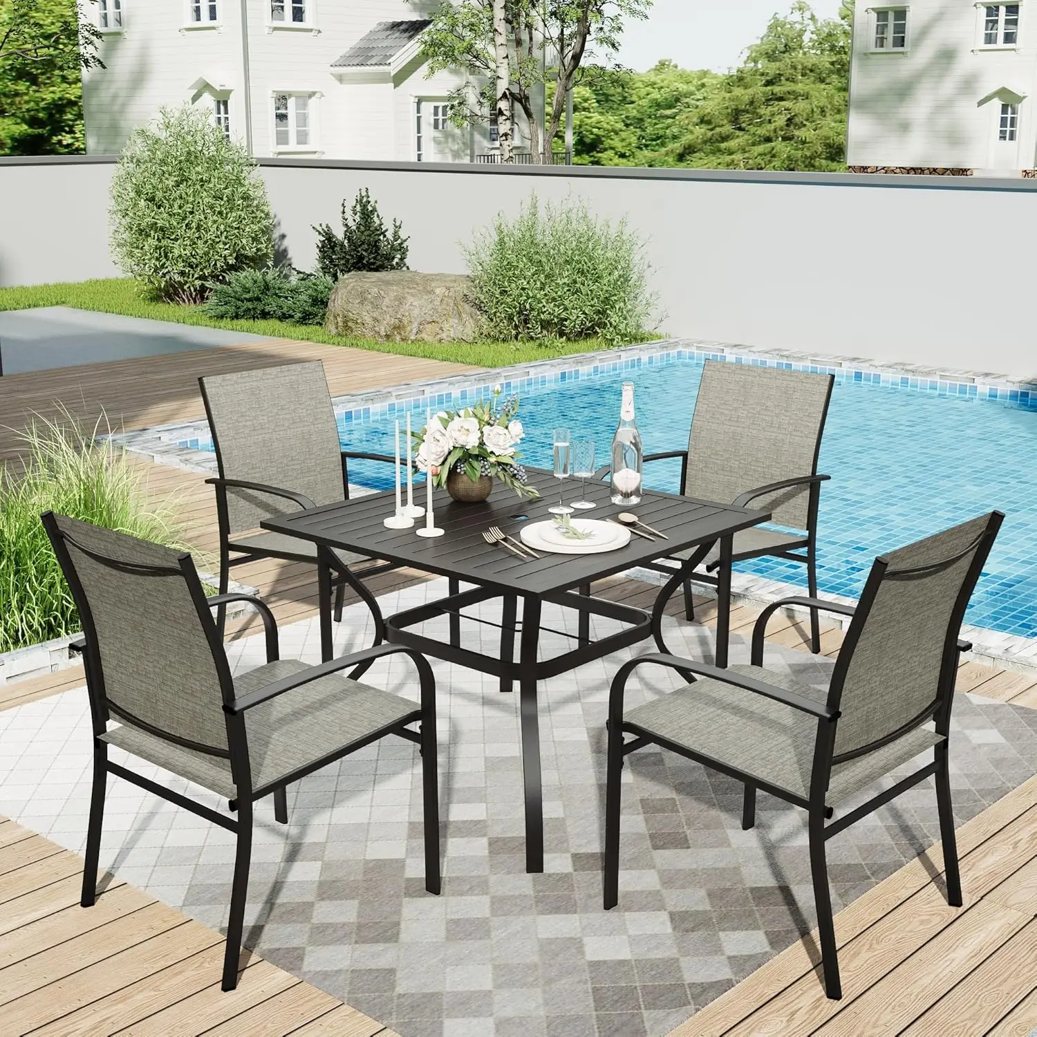 

5 Pieces Patio Dining Set, Outdoor Table and Chairs Set for 4, 4 x Brown Textilene Dining Chair, 37" Square Metal Dining Table