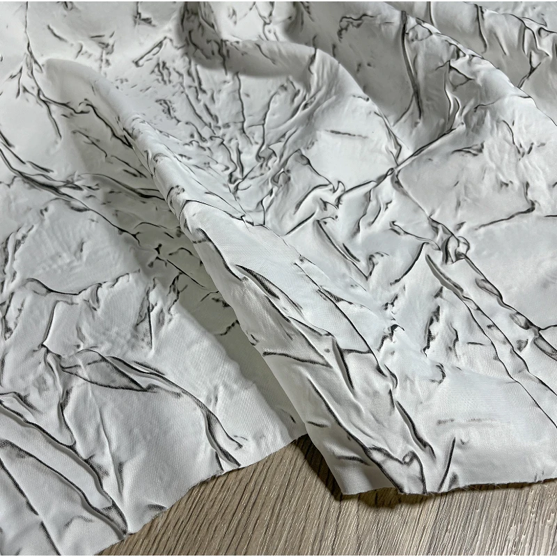 White Paint Black Strokes Pleated Texture Fabric Creative Jacquard Art Pleated Handmade Jacket Clothing Designer Fabric