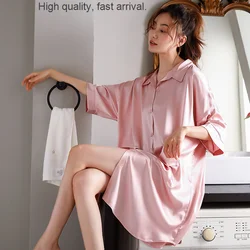 Pajamas Ice Silk Nightdress Women's Summer Thin Skirt Spring and Summer Real Silk Sexy White Shirt plus Size Plump Girls Pregnan