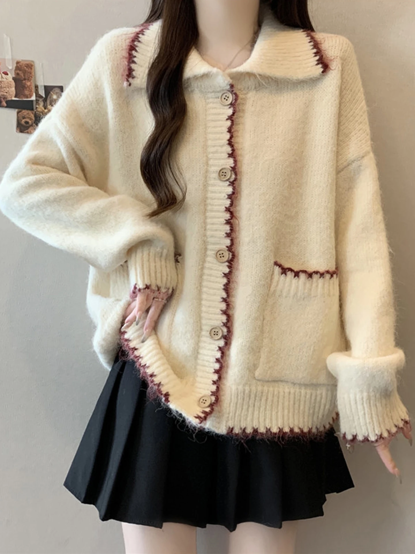 

Мягкий уютный вязаный кардиган с цветными блоками для женщин, осенне-зимний, больших размеров, в стиле Lazy Sle, из молочного мягкого трикотажа, свитер-жакет