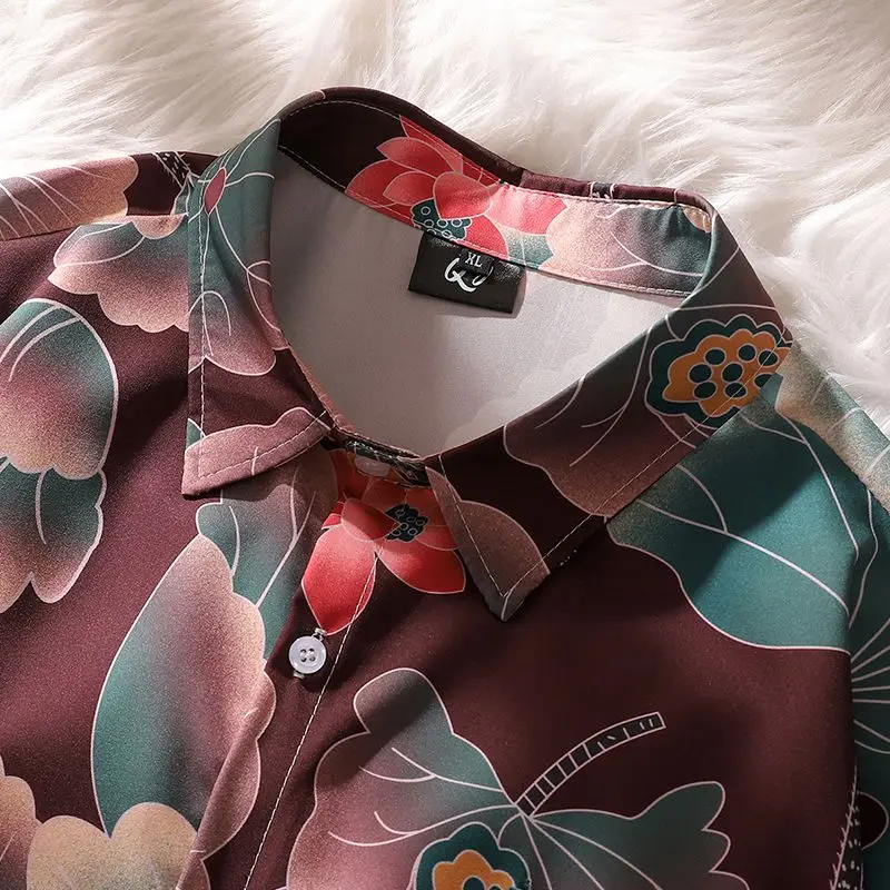 Retro vintage lotus leaf all-over printed short-sleeved shirt for women summer fashion brand loose casual Cuban collar drape