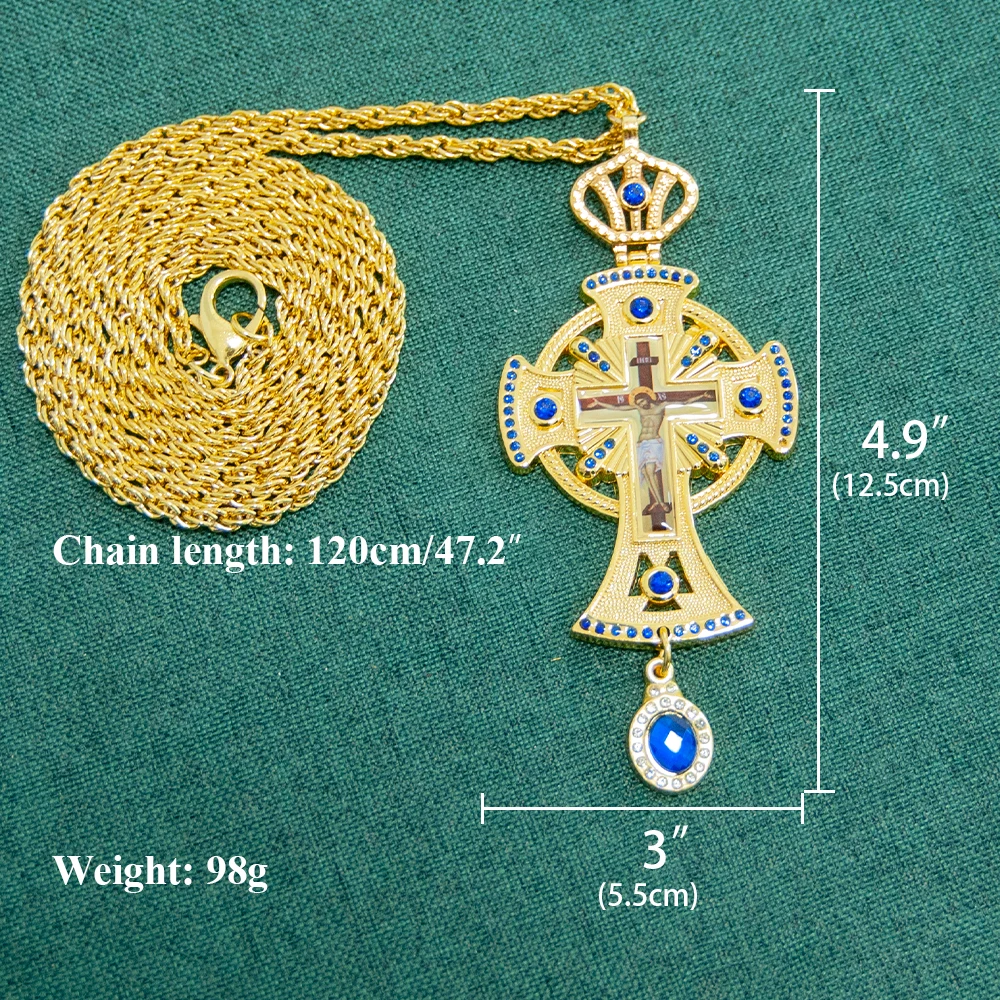 Gold Plated Orthodox Pectoral Cross Necklace with Crown, Blue/Red Gemstones & Jesus Icon for Christian Clergy Liturgical Wear view 6