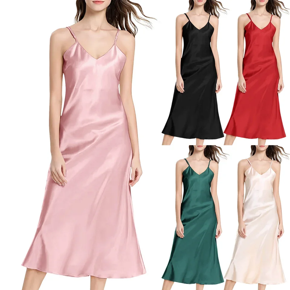 Women's Sexy Silk Satin Night Dress Pajamas Sleeveless Nighties V-Neck Nightgown Nightdress Pyjamas Female Sleepwear Homewear