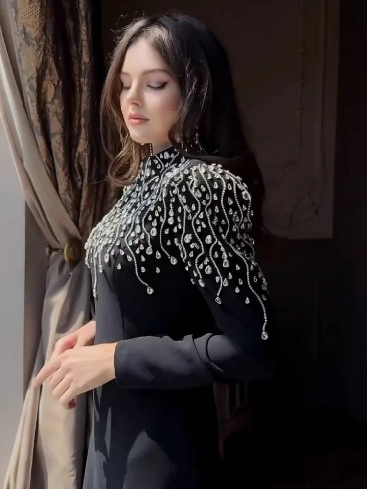 فساتين طويلة مزينة بالألماس الأسود - فستان حورية البحر بأكمام طويلة ورقبة عالية ورقبة دائرية مطرز بالترتر للحفلات الراقصة السعودية للنساء #5