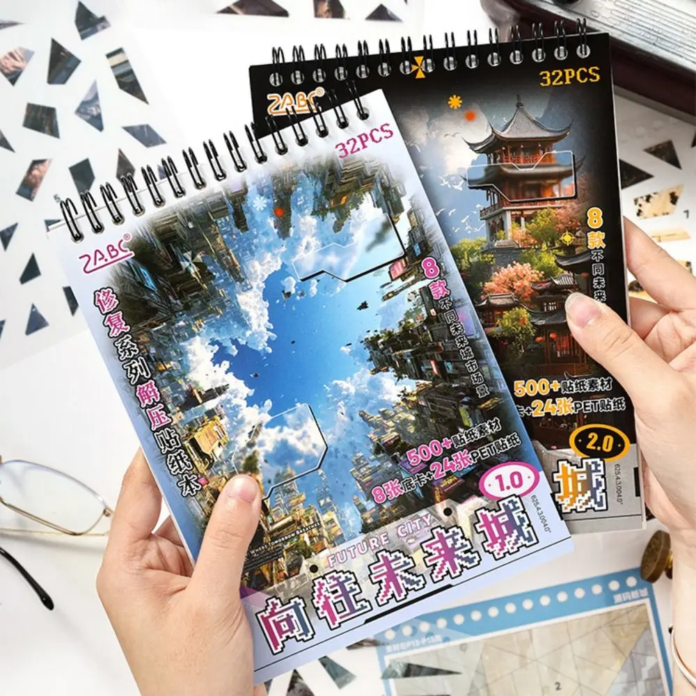 Adesivi 3D Paesaggistici Divertenti con 8 Scene, Rilegatura a Spirale, Adesivi Cartoon con Scene di Cabine, 24 Adesivi in PET per Scrapbooking Fai-da-Te