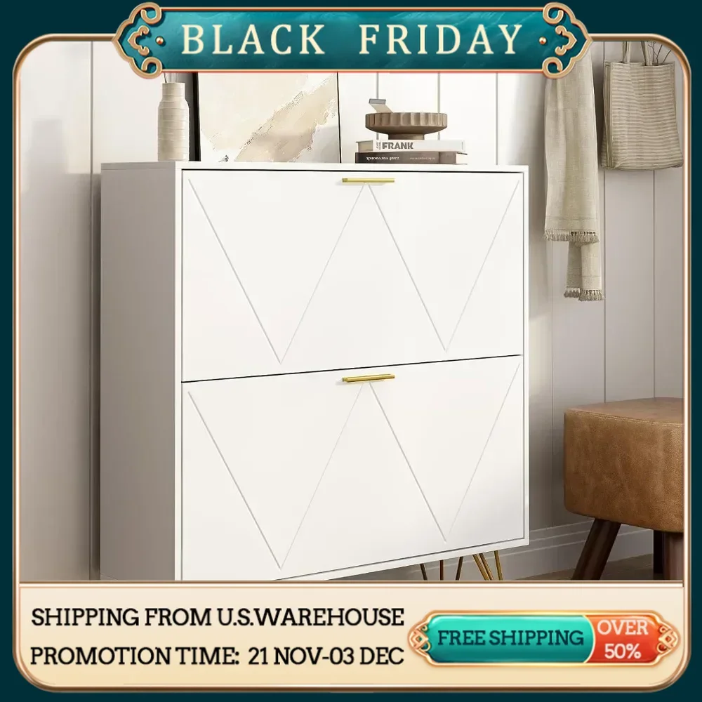 

Shoe Cabinet Storage for Entryway, Narrow Shoe Cabinet with 2 Flip Drawers,Freestanding Organizer with Fluted Panel