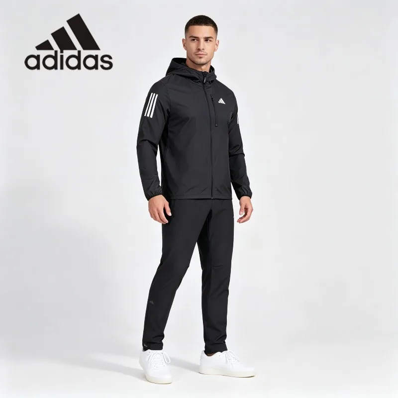 Adidas Gym Outfit for Men Wind Resistant Hood Wind Coat Elastic Jogging Pants Complete Athletic Wear One Set IN1483 + IP3977