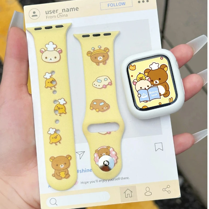 Cute Rilakkuma Print Silicone Apple Watch Band Breathable Sport Replacement Strap For Ultra Se New Series 10 11 9 8 7 6 5 Women