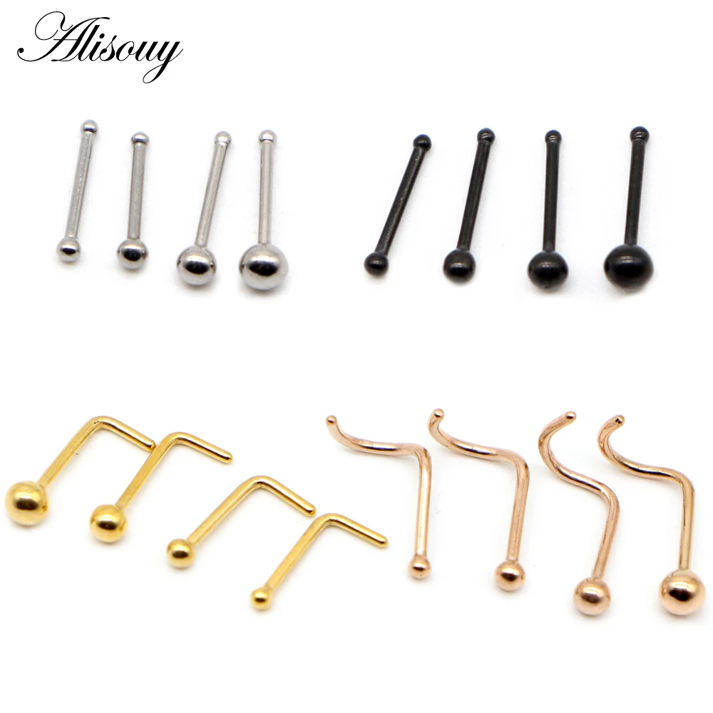 Alisouy 4PCS Surgical Stainless Steel Ball Nose Screw Ring L Rose Gold Color Nose Stud Retainer Holder Piercing Body Jewelry 20g