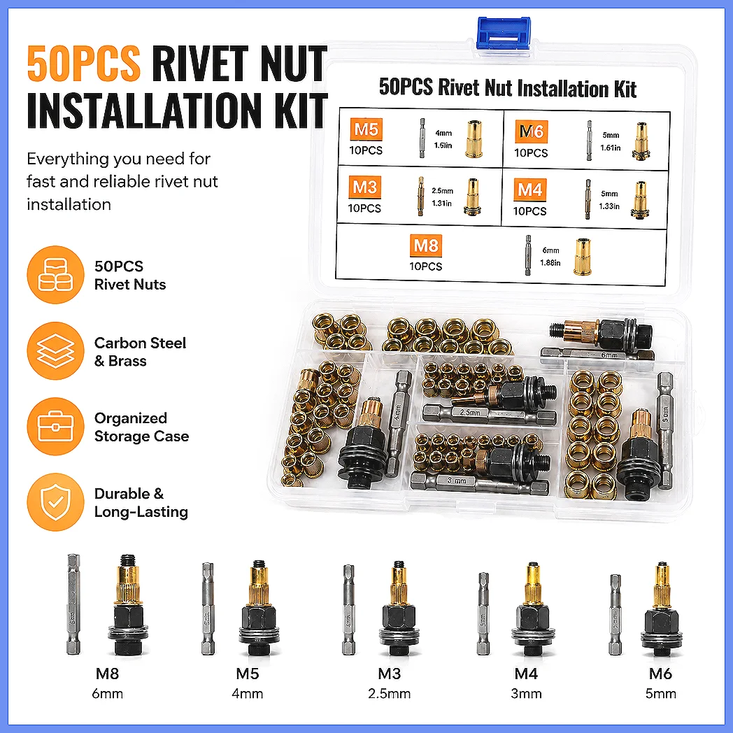 60PCS Rivet Nut Tool Kit M3 M4 M5 M6 M8 Carbon Steel Threaded Rivnut Set Manual Riveter Hand Tool for Metal Wood