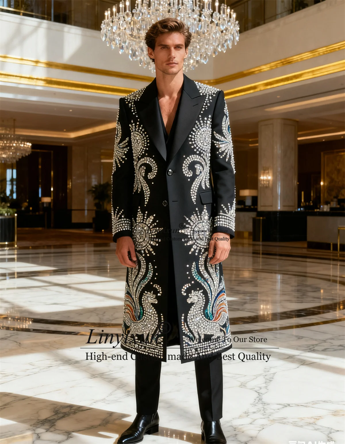 

Long Coat Pants Styls Men Suit Customized Luxury Rhinestons Crystals Wedding 2 Pieces Sets Groom Male Blazers Ropa hombre