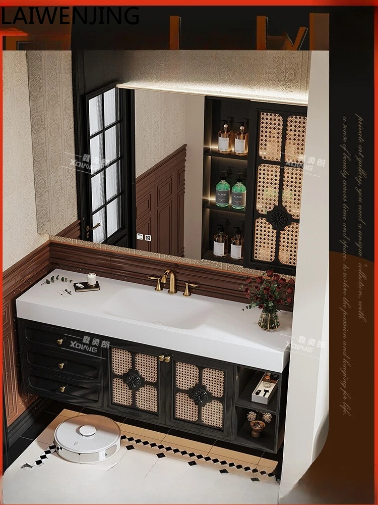 

MJY Oak French Bathroom Cabinet Combination Slate Hot Bending Integrated Basin Wash Table Basin Cabinet