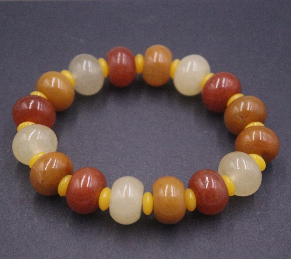 

Natural Jade Men Women Craved Bless Lucky Gift Yellow Slice 14mm Flat Beaded Bracelet