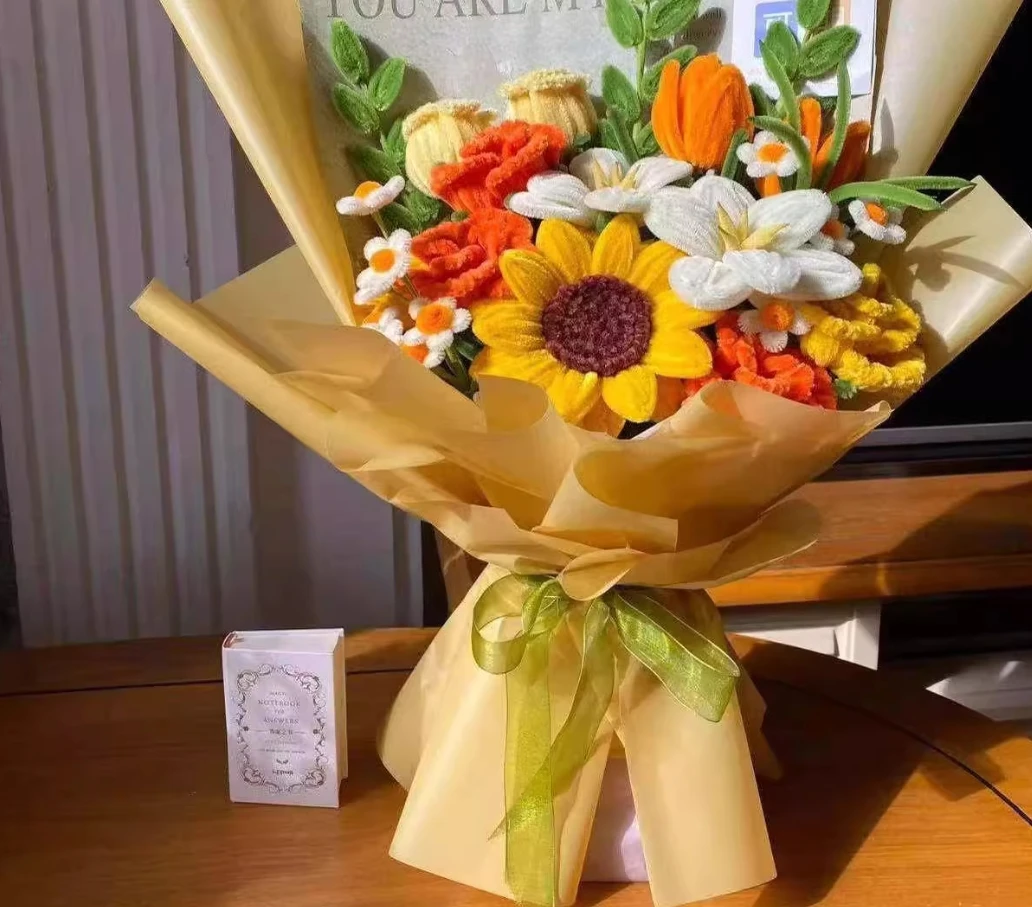 باقة عباد الشمس لعيد الحب الصيني، عبوة مواد يدوية الصنع، زهور نهائية محلية الصنع لصديقتك