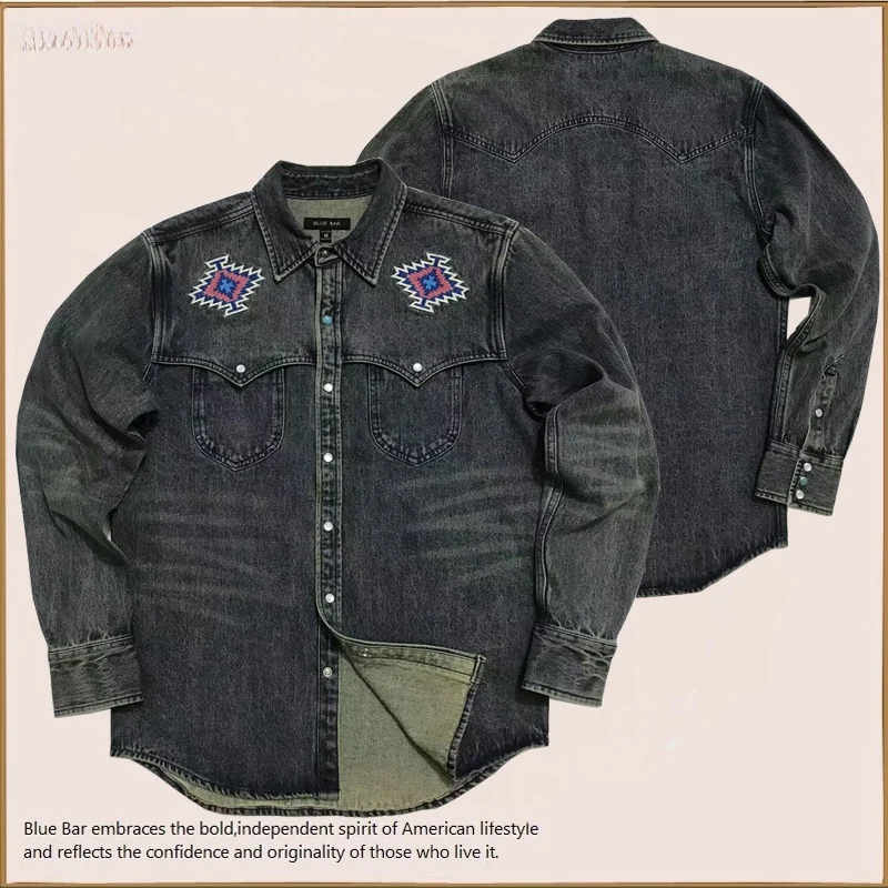 

Американская винтажная джинсовая рубашка из чистого хлопка в стиле вестерн с вышивкой Навахо, молодежный тренд, осенняя, с длинным рукавом
